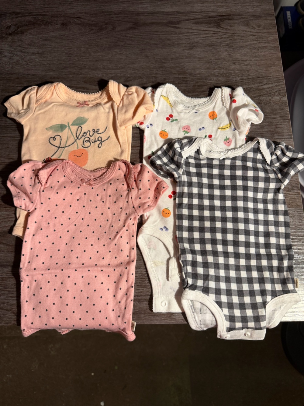 4-Pack Baby Girl Short-Sleeve Onesies - Pink, Peach, White, Black Gingham